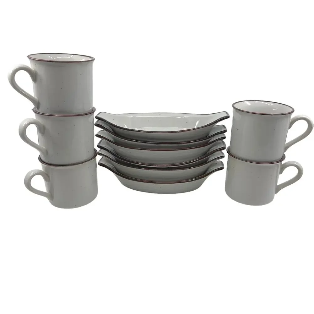 Stoneware 11 Pc Mug Au Gratin Dish Set Cream Brown Speckled VTG Organic Modern